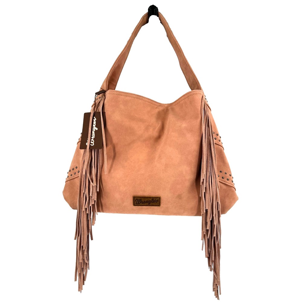 NEW Wrangler Shiloh Fringe Studded Leather Hobo Shoulder Bag Pink Western Boho - Picture 1 of 15
